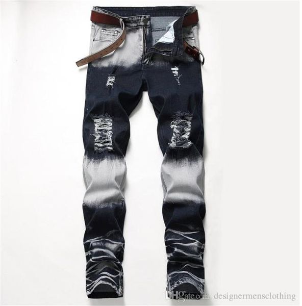 

distrressed blue white holes stretch mens long jeans regular mid waist straight mens pants fashion male apparel