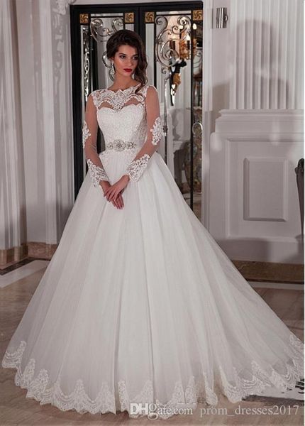 

white long sleeves wedding dresses lvory dubai african bridal gowns with jewel neck covered button crystal belt sweep train