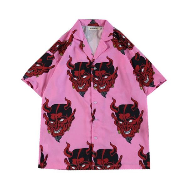

european and american korean fashion brand devil head print lapel hawaiian short sleeve shirt men's and women's loose top, White;black