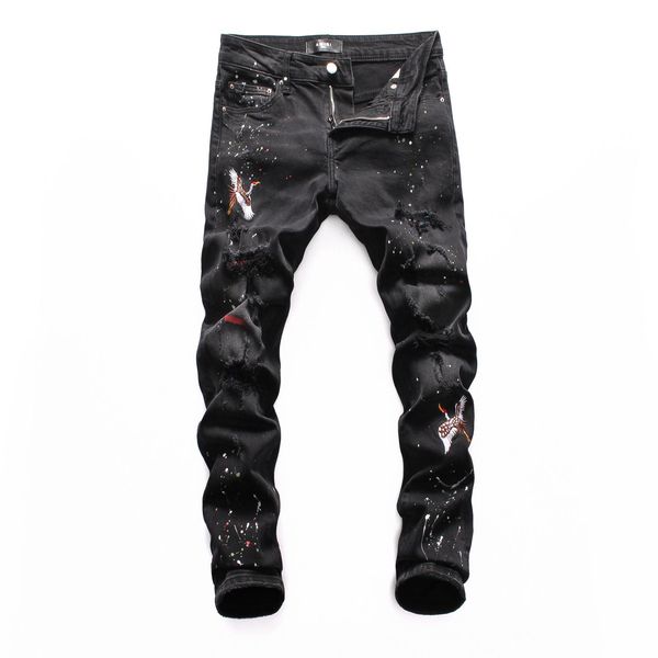 

new distressed ripped biker jeans slim fit straight motorcycle biker denim pants fashion hip hop mens designer jeans plus size 28-38, Blue