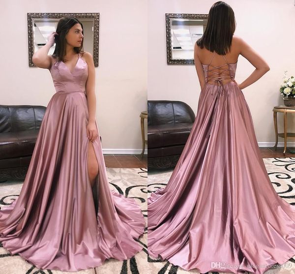 

blush pink prom dresses a line long v neck simple high side split backless floor length long evening party gowns custom made, Black