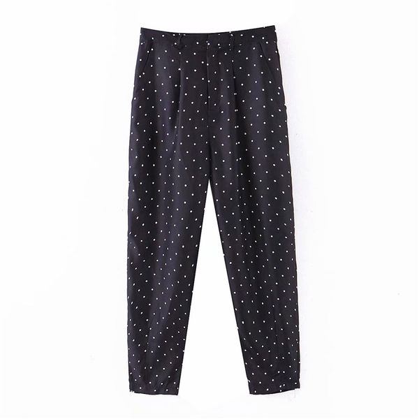 

элегантный черный горошек печати брюки тонкий fit basic женский повседневный cozy брюки pantalones mujer, Black;white