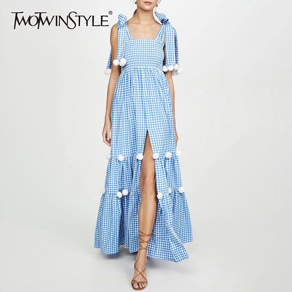 

twotwinstyle prairie patchwork hairball dress women bandage plaid square collar bowknot tank split maxi dresses female new 2020, Black;gray