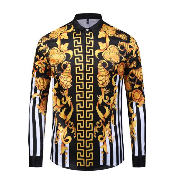

fashion designer men shirts 3d medusa black gold floral print mens long sleeved business casual slim fit shirts, White;black