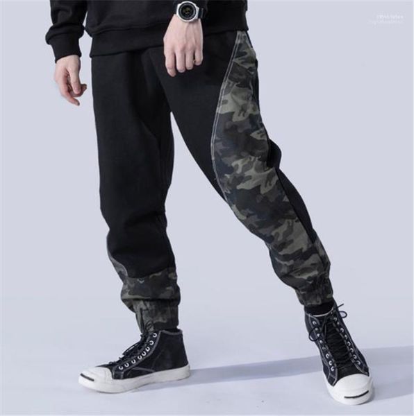 

designer pants fashion loose drawstring pockets panelled mens pants casual males clothing camouflage panelled mens, Black