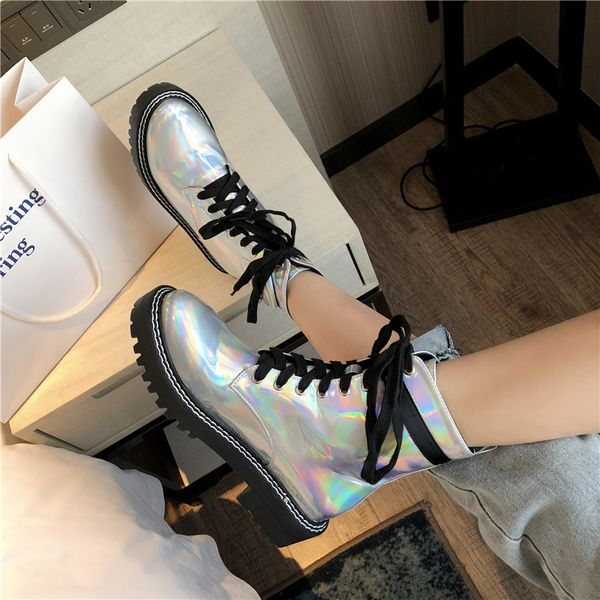 

2019 platform women ankle martins boots cowgirls low 4cm high heels shoes fall colorful boots leather snickers gothic botines, Black