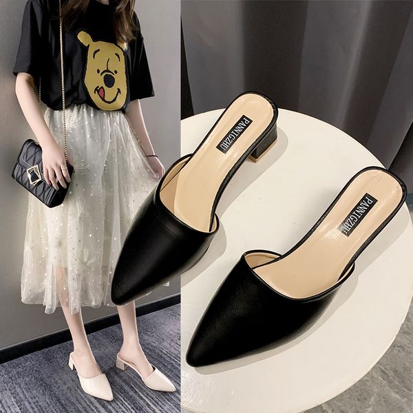 

med pointed toe shallow slippers casual square heel female shoes slides luxury block 2020 soft summer cover hoof heels rubber, Black