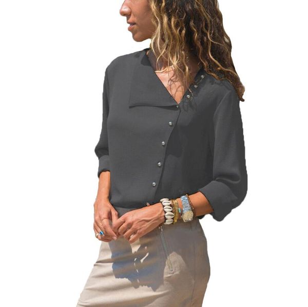 

2019 button irregular oblique collar long sleeve blouse shirt fashion lady office shirt tunic chiffon blouse, White