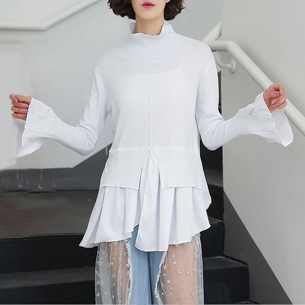 

tvvovvin solid color high lead flare sleeve head sweater irregular long sleeve self-cultivation knitting woman zx038, White;black