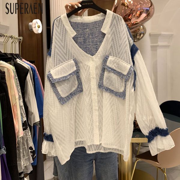 

superaen 2019 summer new korean style women shirt wild casual fashion fashion blouses and female stitching chiffon shirts, White