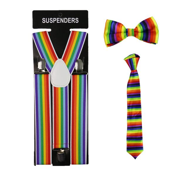 

3.5cm wide fashion rainbow suspenders necktie and bowtie set braces elastic clip-on y-back suspenders tie set for men women, Black;white