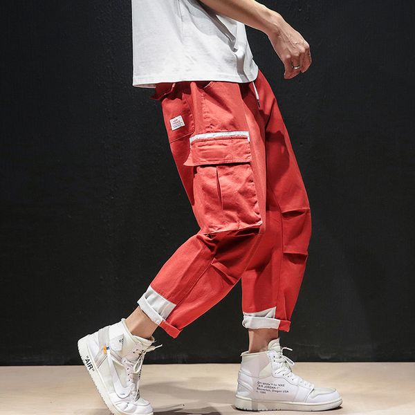 

4xl 5xl korea casual cargo pants mens clothin sweatpants male straight pockets hip hop ankle-length joggers plus size trousers, Black