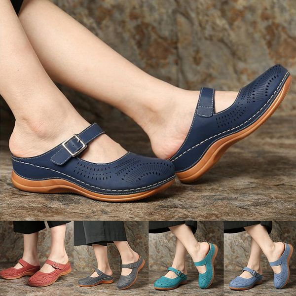 

heflashor 2020 summer sandals women flat ladies comfortable ankle hollow round toe sandals soft sole shoes sandalias mujer, Black