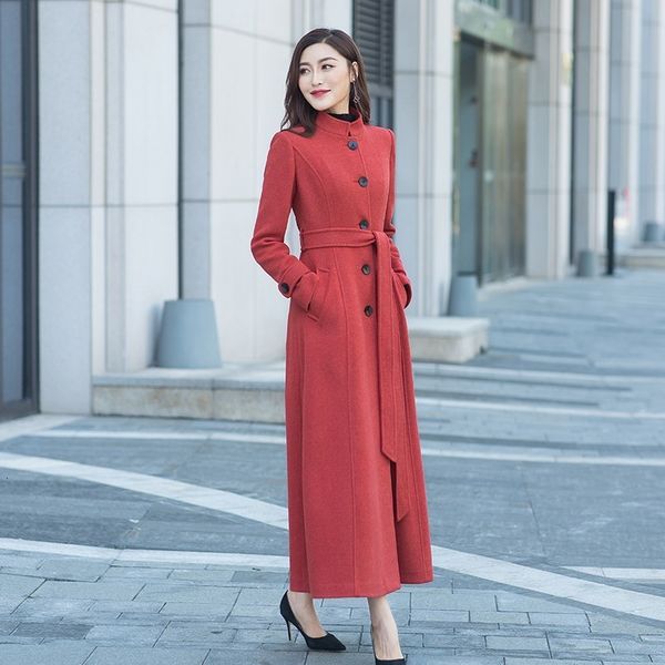 

women's wool & blends vintage business women office single breasted woolen super long coat blend overcoat belted stand collar trench, Black