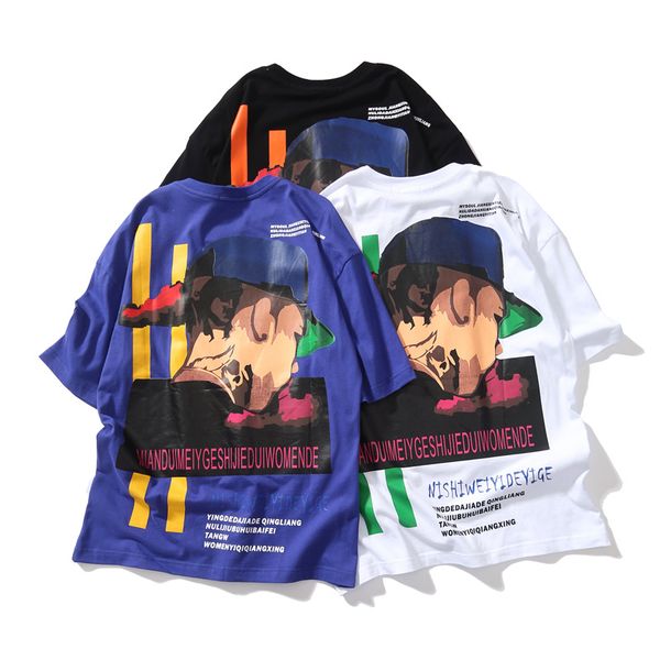 

2019 european and american street fashion brand men's street dance short-sleeved trend hiphop half sleeve loose t-shirt male, White;black