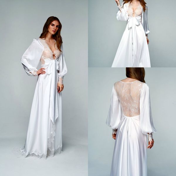 2020 Sexy Wedding Robes V Neck Lace Appliqued Bishop Long Sleeves Night Gown For Women Ribbon Sash Floor Length Pajamas Sleepwear Long Gown Maternity