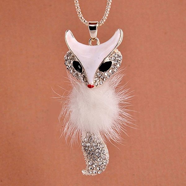 

fashion cute fox pattern pendant rhinestone inlaid fur necklace long sweater chain 5fsd6, Silver