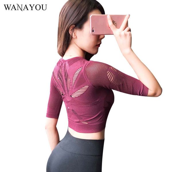 

yoga outfits wanayou women's half-sleeve hollow out t-shirt,dew navel breathable gym tight elastic sports fitness shirt for women, White;red