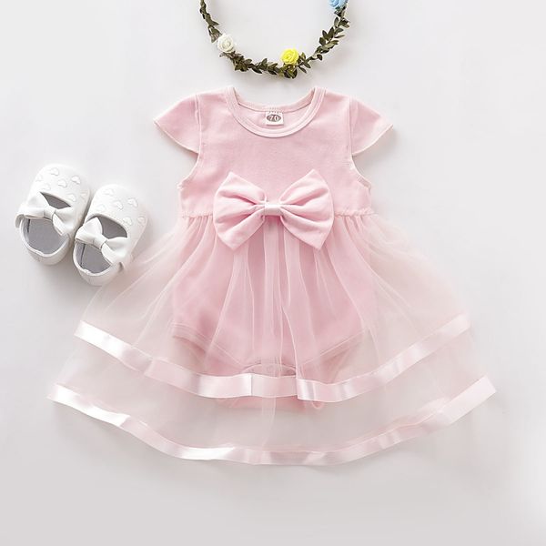 

new summer baby girl solid color jumpsuit mesh dress cute princess short sleeve bow-knot rompers for 0-24 month baby, Red;yellow
