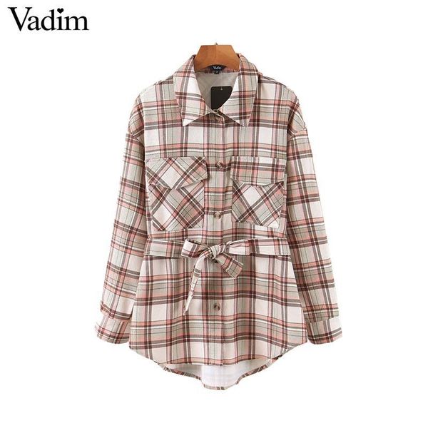 

vadim women elegant corduroy plaid blouse bow tie sashes pockets long sleeve female irregular causal blusas lb713, White