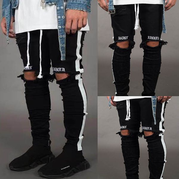 

men stylish ripped jeans pants biker skinny slim straight frayed denim trousers new fashion skinny jeans men clothes, Blue