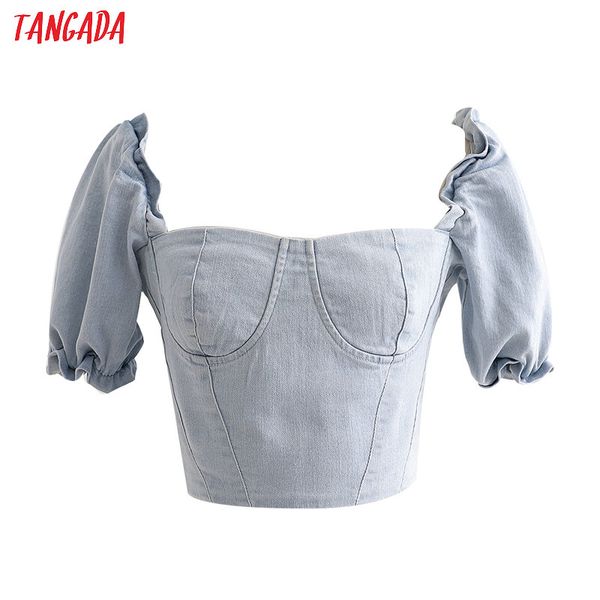 

tangada women retro blue dnim crop blouse short sleeve zipper 2020 summer chic female slim shirt 1d216, White