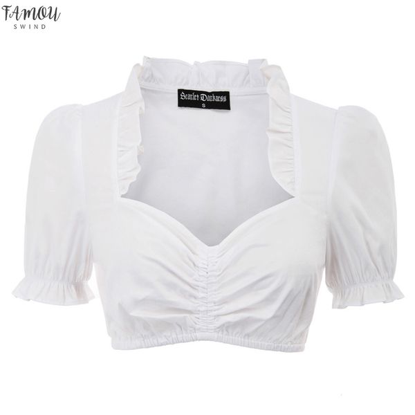 

womens party steampunk gothic shirt white short sleeve sweetheart neckline ruffled cotton blouse ladies v neck cropped