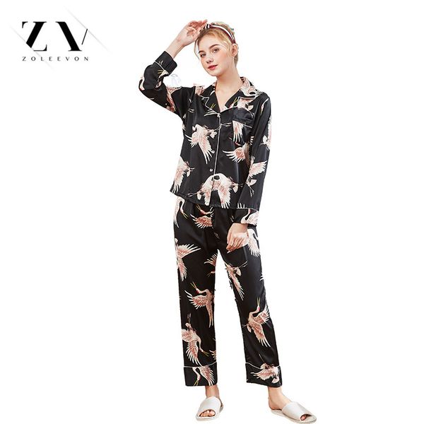 

zoleevon silk pajamas women birds two piece pants pyjama set lingerie clothes satin suit full length pijama feminino, Blue;gray