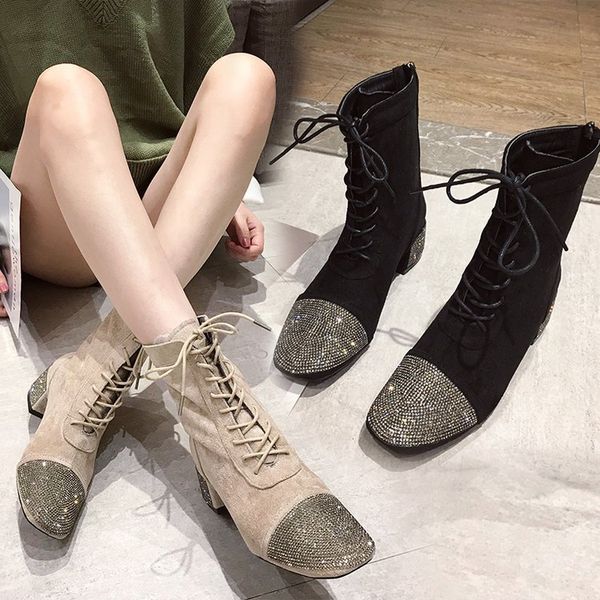 

lace up crystal boots women new 2019 booties ladies women's rubber shoes rain luxury designer zipper round toe rhinestone mid, Black