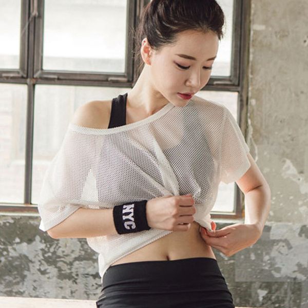 

women mesh yoga shirt quick dry sport fitness female running shirt gym clothes tank workout exercises t-shirt sportwear, White;red