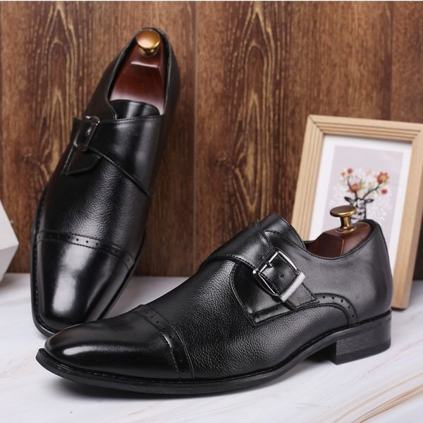 

2020 monk strap loafer brogue dress shoes men italian pointed toe slip on formal wedding suit leather shoes large size 38~48, Black