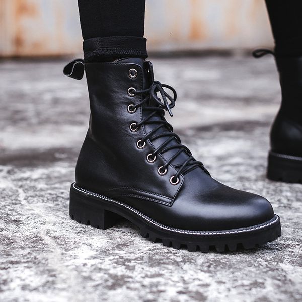 

boots increase boots woman genuine leather england flat bottom short, Black