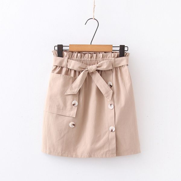 

2020 летний новый двубортный шнуровка сплошной цвет юбки высокой талией все матча flower bud талии сладкие a- линии юбка, Black