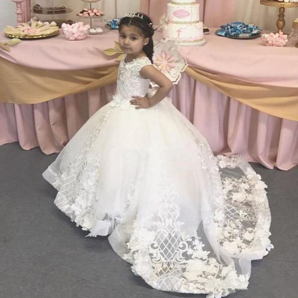 

sweet white ball gown flower girls dress jewel neck lace appliques kids birthday party gown sweep train toddler girl pageant dresses, White;blue