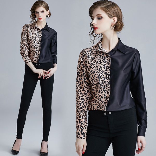 

spring summer fashion leopard panelled print ol women long sleeve blouses ladies casual office button front lapel neck slim shirts, White