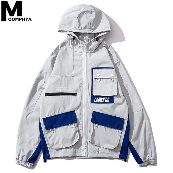 

moomphya patchwork multi pockets zip up track jacket men streetwear hooded windbreaker coat men 2019 autumn men's jacket hoody, Black;brown