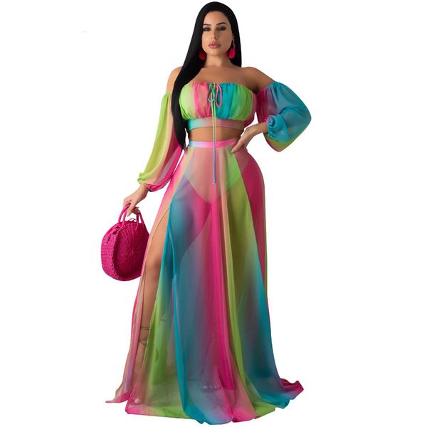 

summer chiffon 2pcs swimsuit with cover up beach dress set rainbow print crop high maxi skirt swimwear women beachwear, Blue;gray