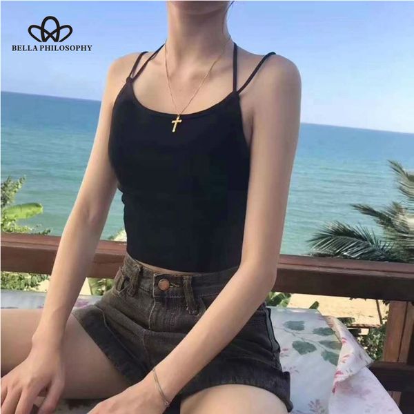 

elastic shirt solid spaghetti strap ladies sleeveless backless women bodycon vest camisole multi colors wonder store, White