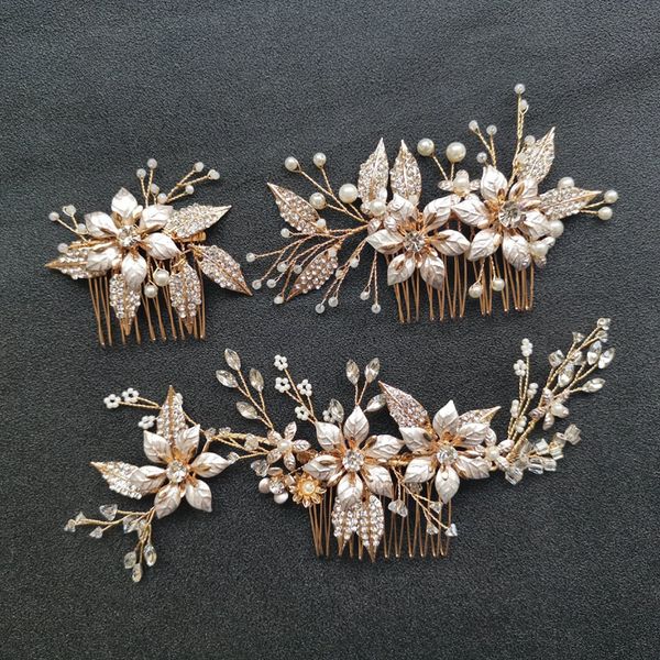 

SLBRIDAL Handmade Golden Crystal Rhinestone Pearls Flower Wedding Hair Comb Set Bridal Headpiece Hair Accessories Women Jewelry
