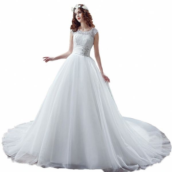 

custom made white elegant dresses round collar with lace cap sleeves a line long wedding party bride dresses for women wedding gowns