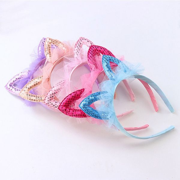 

2020 fashion kids cute girls sequins glitter head hoop cat animals ears headband hairband headwear hair accessorie, Slivery;white