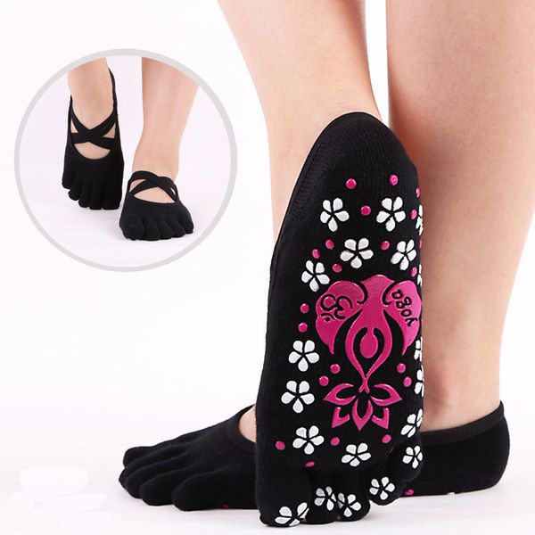 

women yoga socks gym pilates ballet cotton toe socks girls fitness sport women anti slip breathable elastic, Black