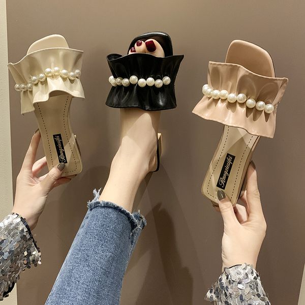 

string bead female shoes square heel womens slippers outdoor rubber flip flops med slides 2020 block hawaiian soft retro fabric, Black