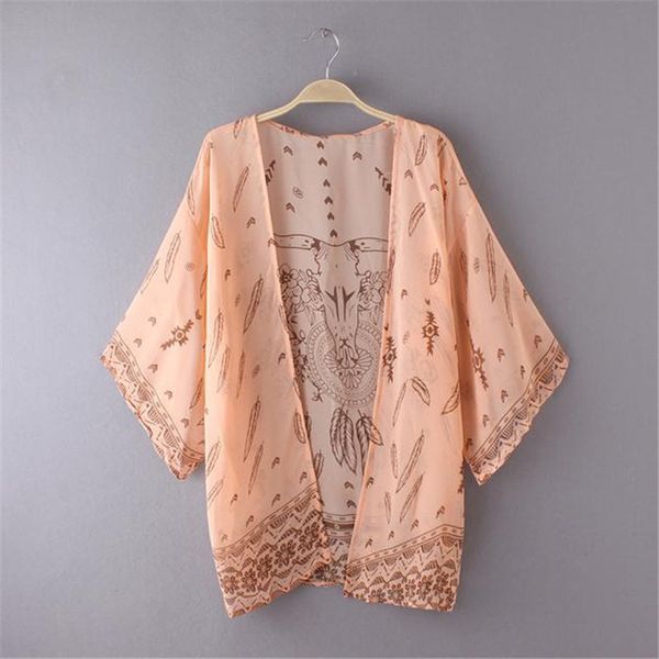 

trench coat for women short boho printed chiffon loose shawl kimono cardigan cover up blouse plus size dropship l#12, Tan;black