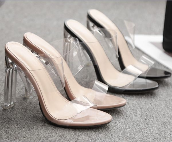 

pvc transparent slippers square head open toes high heel crystal women's shoes transparent high heels 11cm slippers, Black