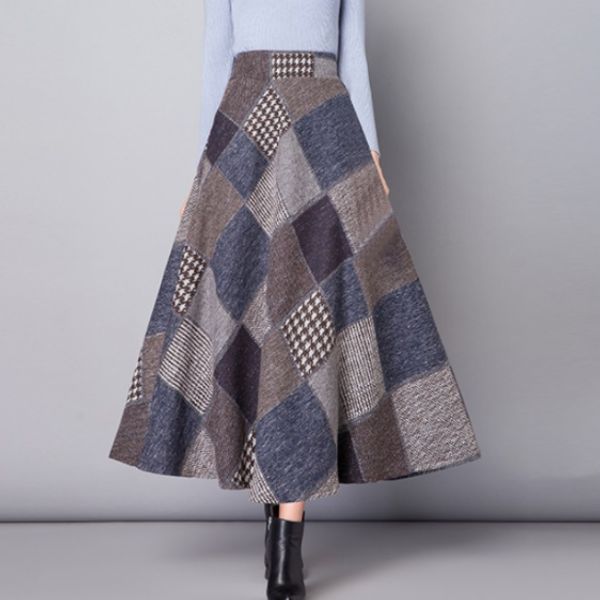 

autumn winter long skirts womens maxi skirt high waist warm wool elegant office lady plaid skirt faldas mujer moda 2019 ee685, Black;gray