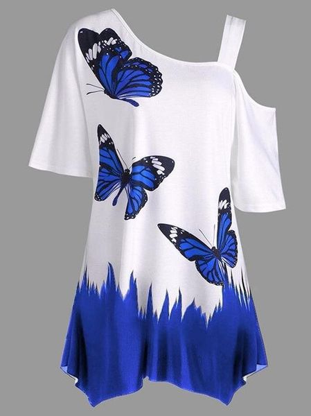 

Hot Summer Large Size Women Butterfly Printed T Shirts Fashion Design Female Single Shoulder Strap Butterfly Tops T Shirt S-5XL, White
