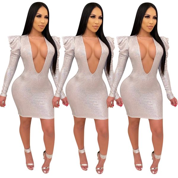 

y8157 european and american women's nightclubs selling tight deep v sequin cross-border dress, Black;gray