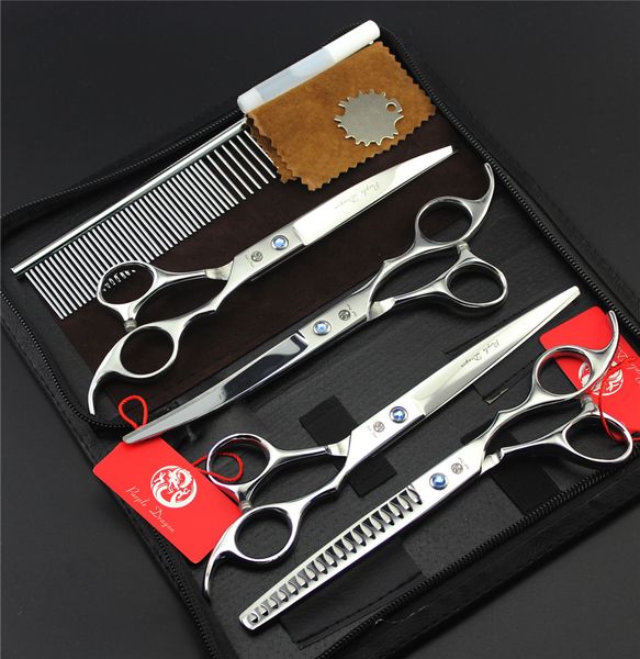 

professional pet dog grooming scissors 7 inch hair cutting + curved +thinning shears 4pcs set +steel comb case thinning rate 50%