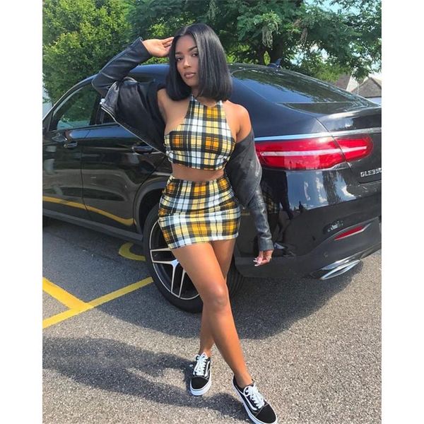 

plaid print women 2pcs sets summer sleeveless crew neck fashion casual above knee length two piece dress women clothing, White